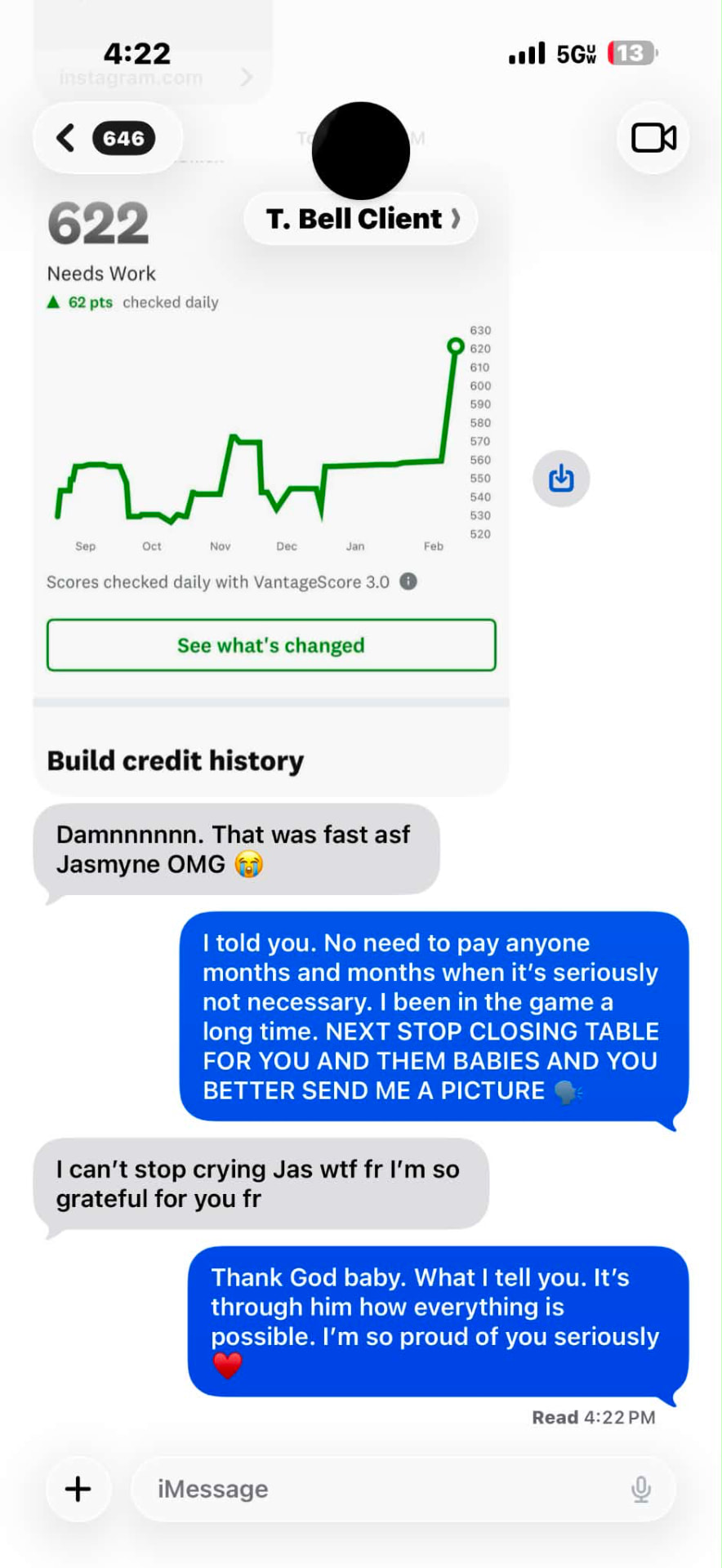 Client text messages celebrating a fast credit score jump